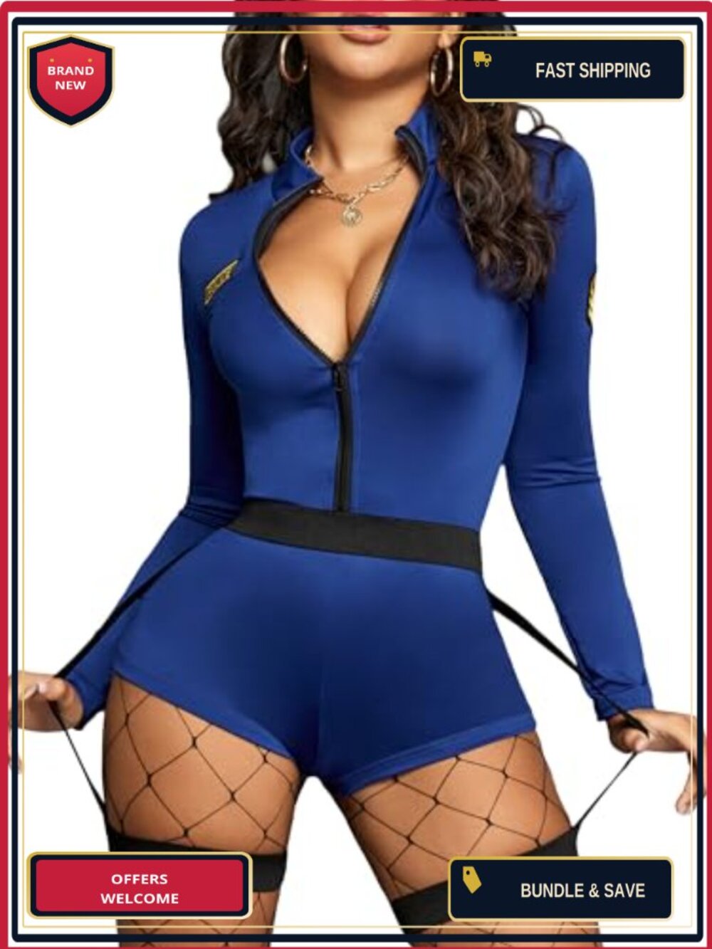 3 Piece Police Costume Set with Fishnet Stockings Romper and Belt Adult